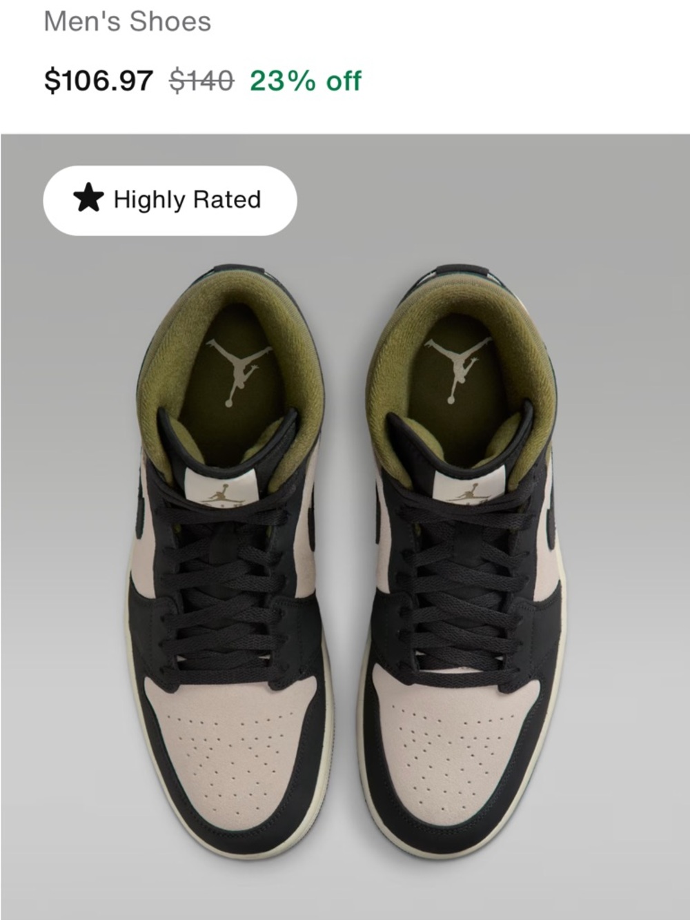 Air Jordan 1 mid rise Low Top Sneakers in Black and Beige with Olive Lining